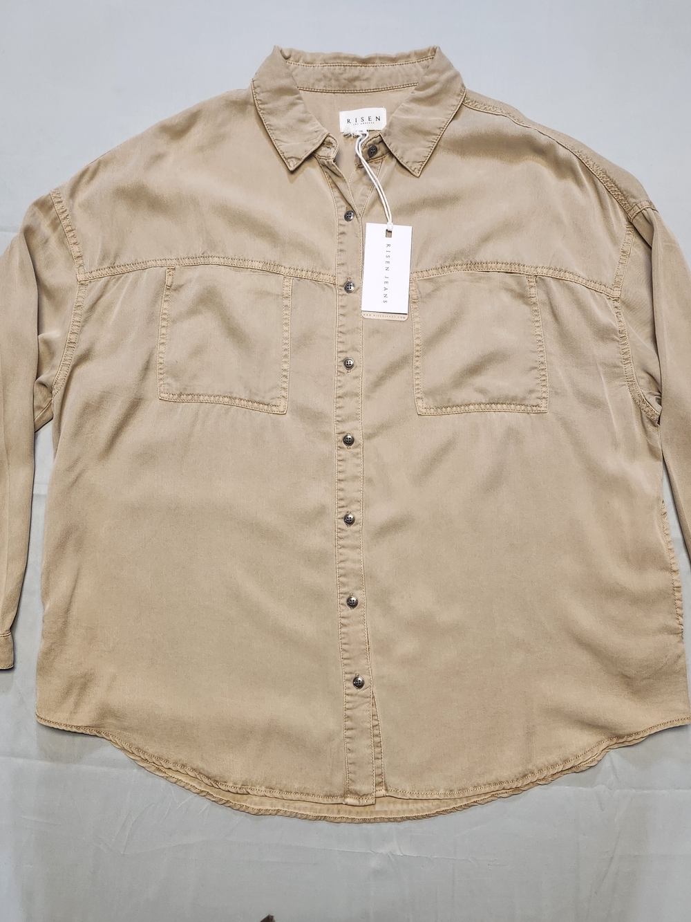 New Risen Los Angeles Beige oversized denim shirt jacket side pockets XL Boho